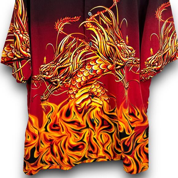 Vintage Y2K MT:2 Fire Dragon Short Sleeve Button Front Shirt Black Red Size XL - Picture 3 of 7